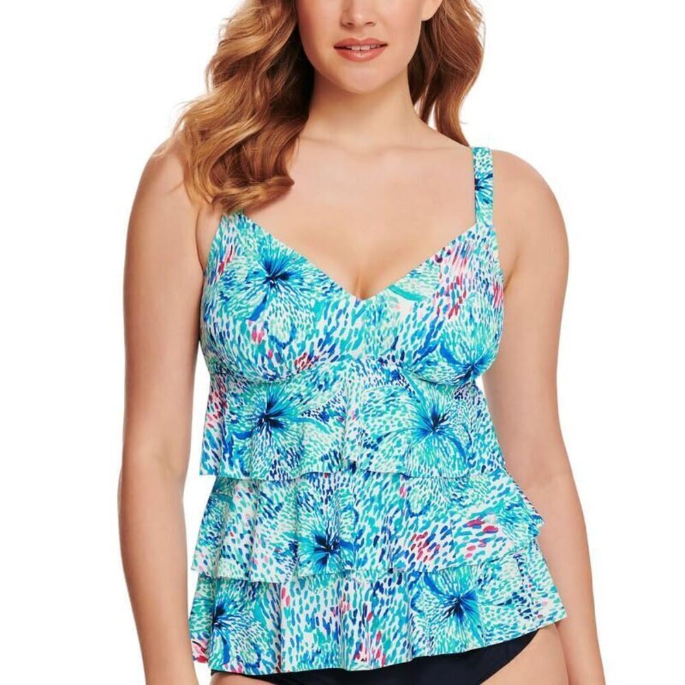 Swim Solutions Women's Printed Tiered Tankini Top (Blue, 8)
